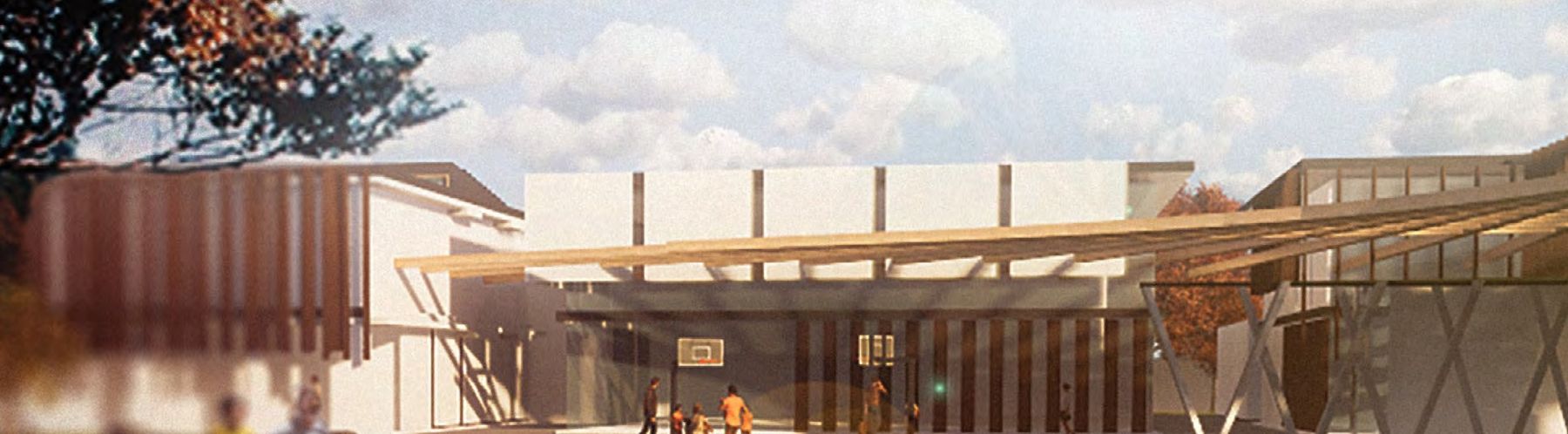 Entry court under the timber canopy
