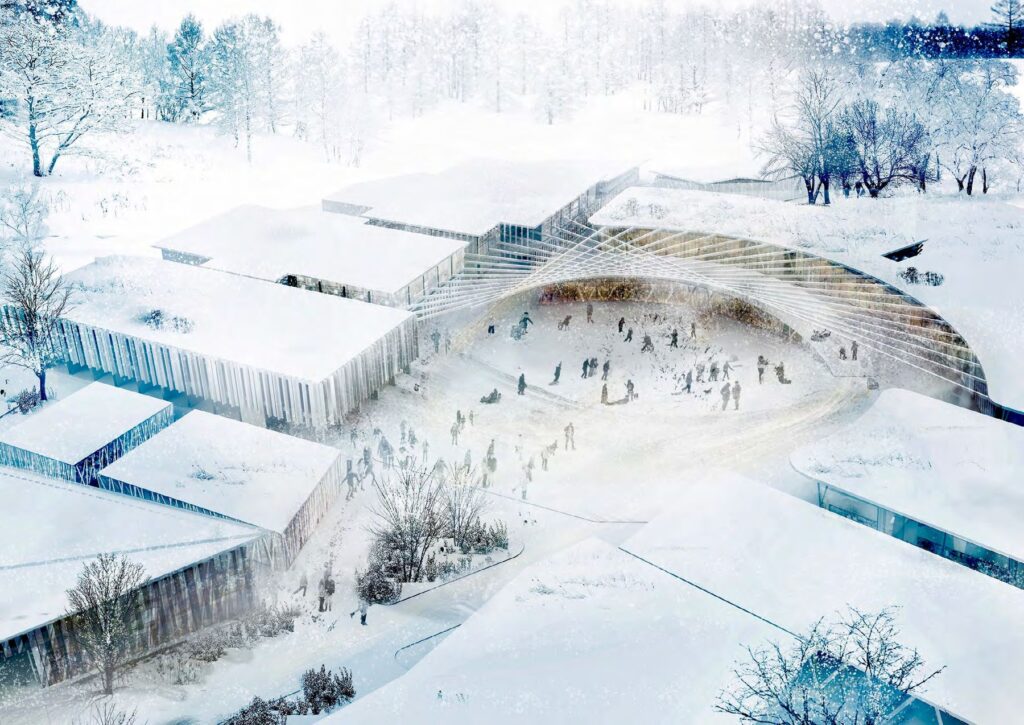Winning campus design: low buildings around a curved, snow-covered courtyard