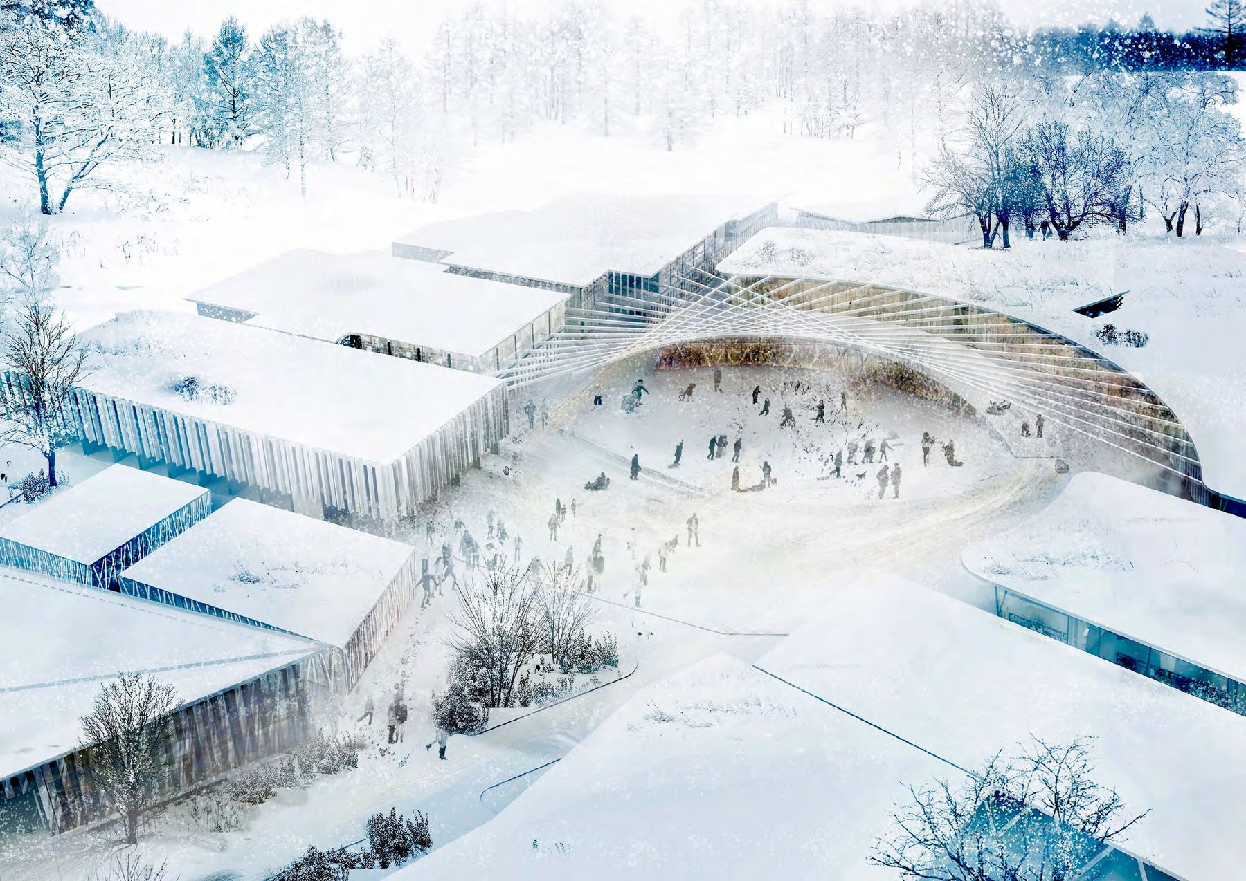 Winning campus design: low buildings around a curved, snow-covered courtyard