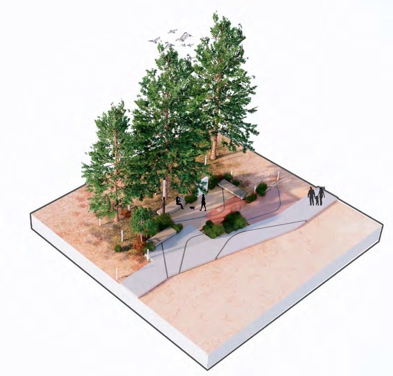 Axonometric of the Pines Rest stop under established pines
