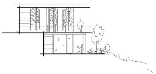 Section sketch of a villa stepping down the slope