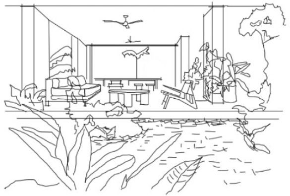 Sketch of a villa's open ground-floor living space opening to the garden
