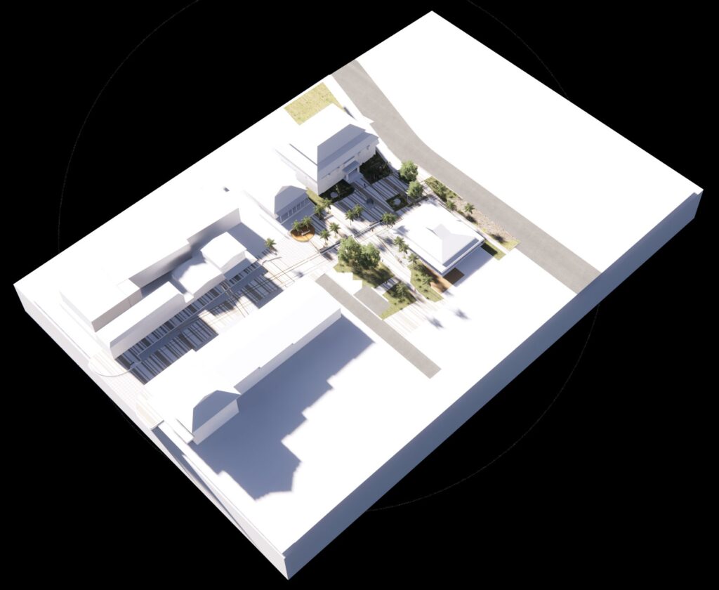 Aerial view of the civic centre model in its town-centre setting
