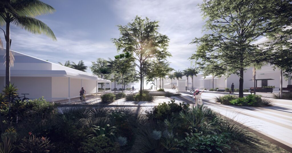 Civic square with shade trees, planting and people, looking along the main street