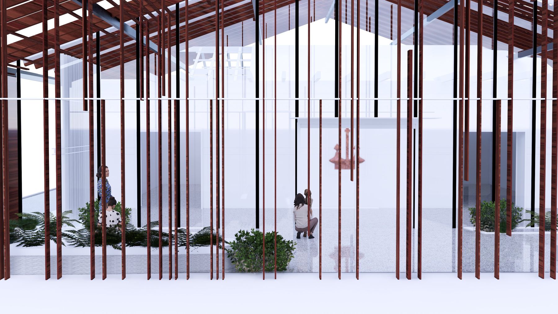 View through the timber fin screen into the planted gallery