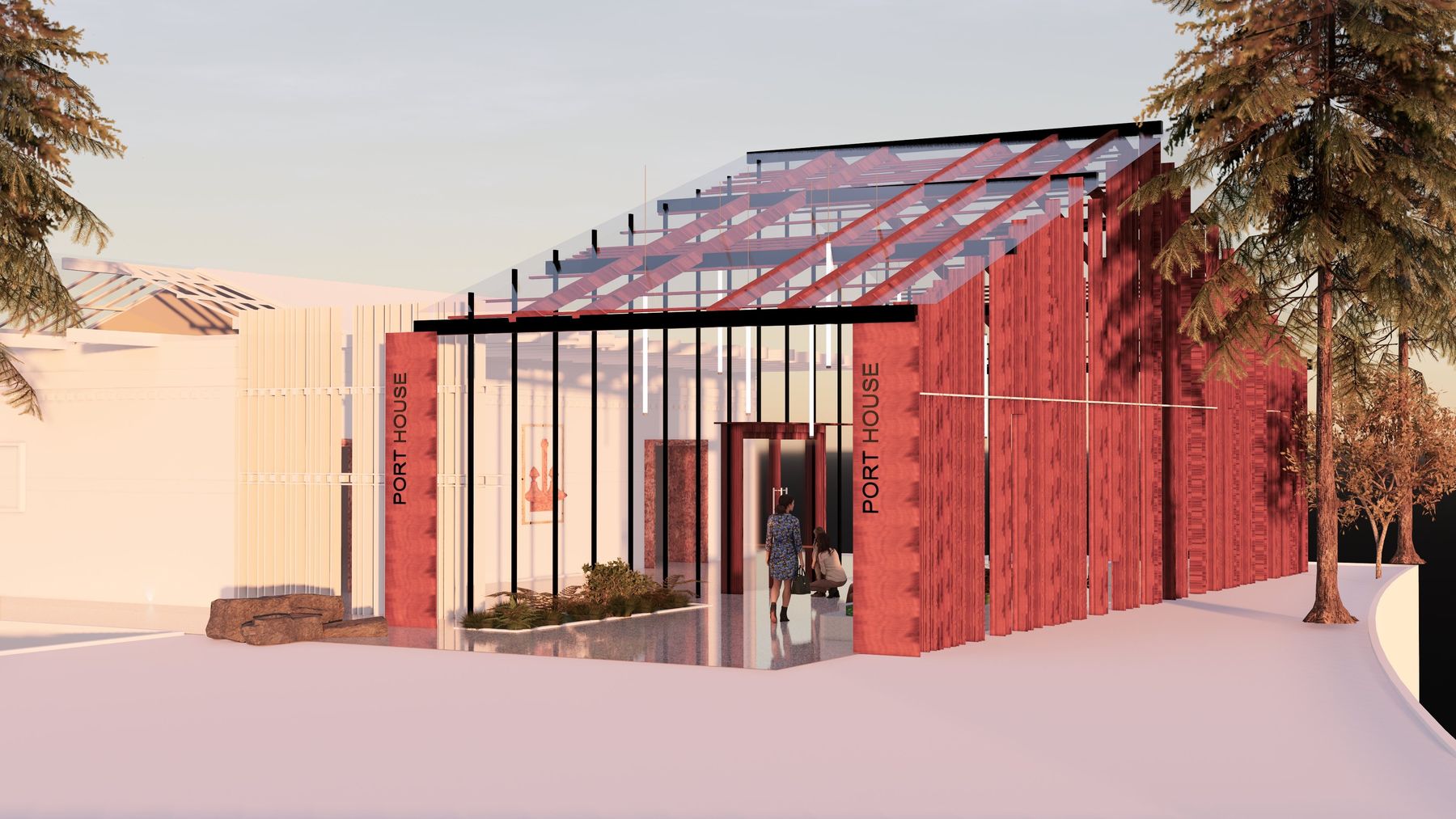 Port House exterior: glass-roofed pavilion wrapped in red timber fins