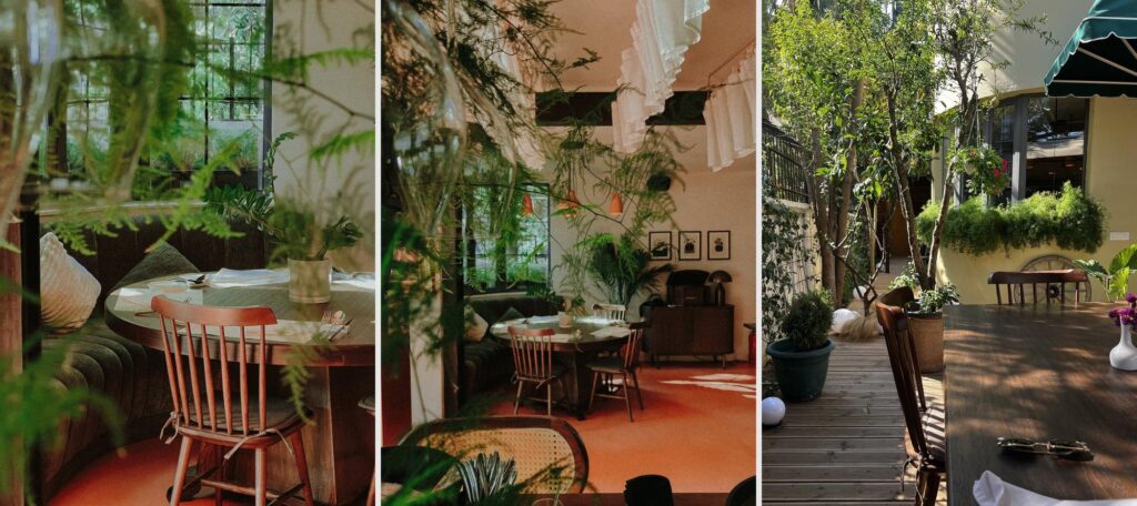 The finished trattoria: dining room, banquette and garden courtyard