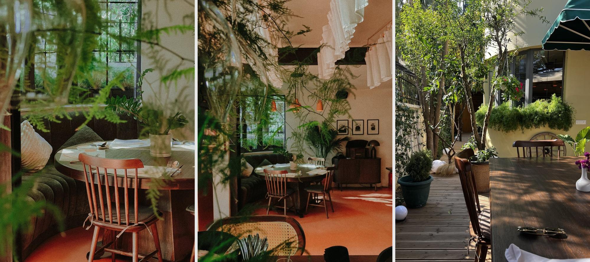 The finished trattoria: dining room, banquette and garden courtyard