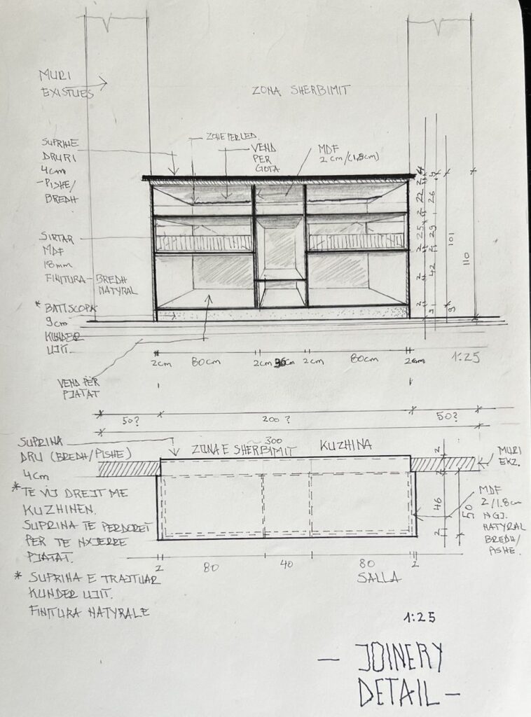 Hand-drawn service counter joinery, elevation and plan at 1:25