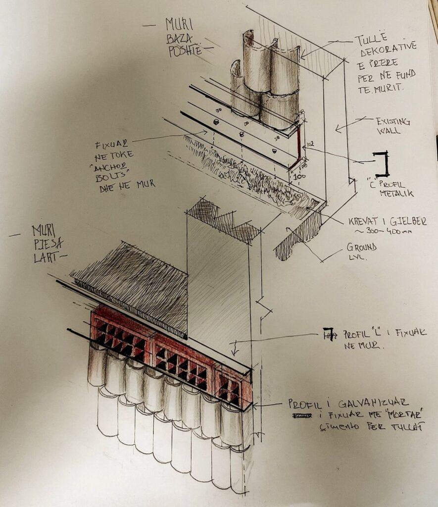 Hand-drawn street wall detail: half-round ceramic units, perforated brick capping and a galvanised profile over a gravel bed