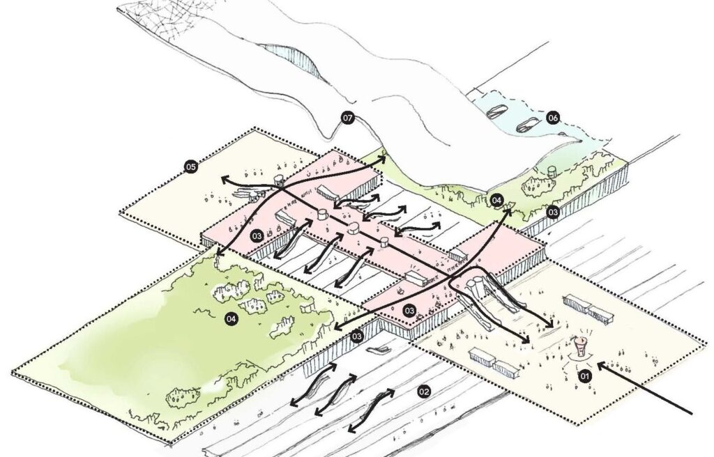 Hand-drawn axonometric of the station layers and passenger movement