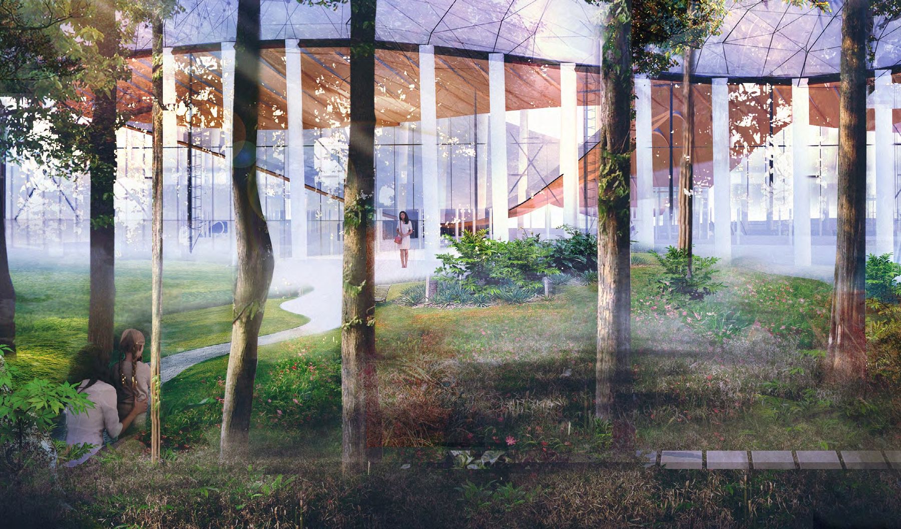 Harmony Garden: the station hall under its faceted timber roof, seen through the forest